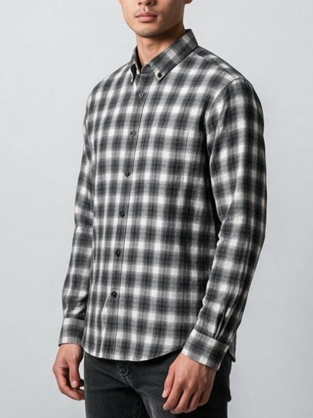Club Monaco Sz L Mens Shirt Grey & White Plaid Button-Down Slim Fit Classic Fall